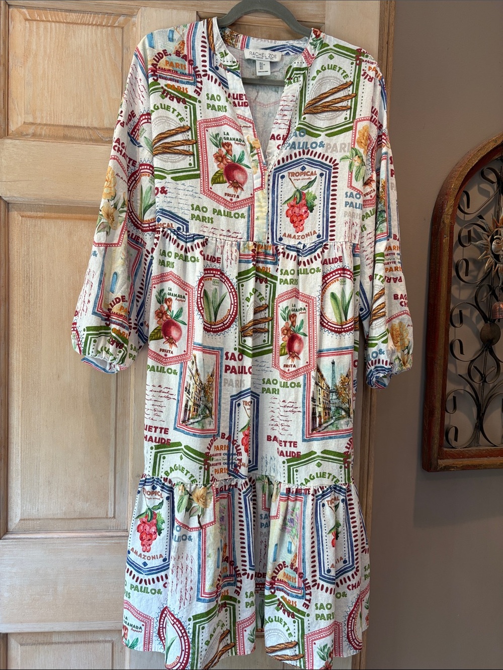 Rachel Zoe Paris Print Tiered Linen Blend Dress Size Large